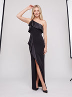 Black Satin Column One Shoulder Backless Floor-Length Dress with Side Slit - Curvevia
