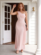 Blushing Pink Satin Sheath One Shoulder Side Zip Floor-Length Dress with Draped Sash - Curvevia