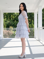 Mist Tulle A-Line Square Neck Back Zip Short Dress with Tiered Tulle Layers - Curvevia