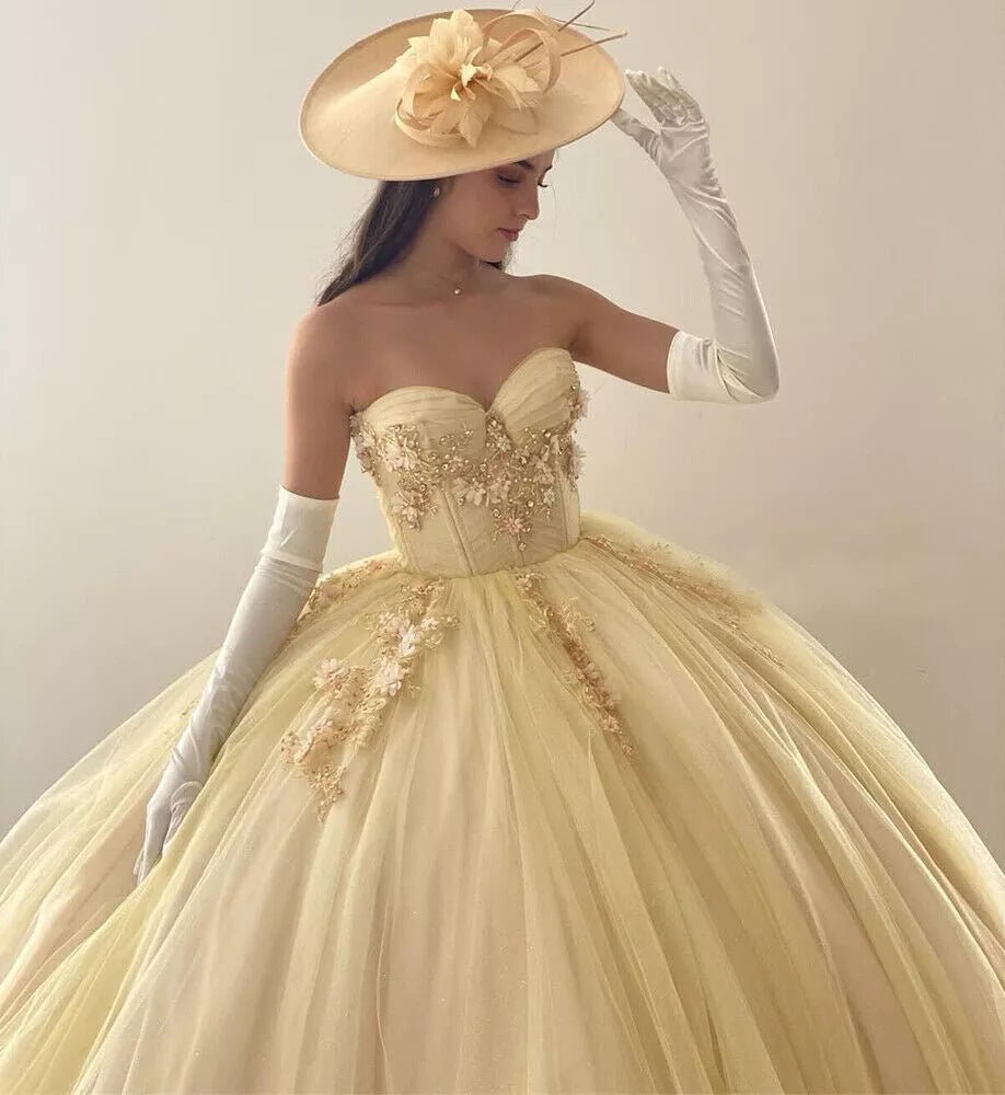 Yellow Ball-Gown Tulle Sweetheart Quinceanera Dresses with Appliques - Curvevia