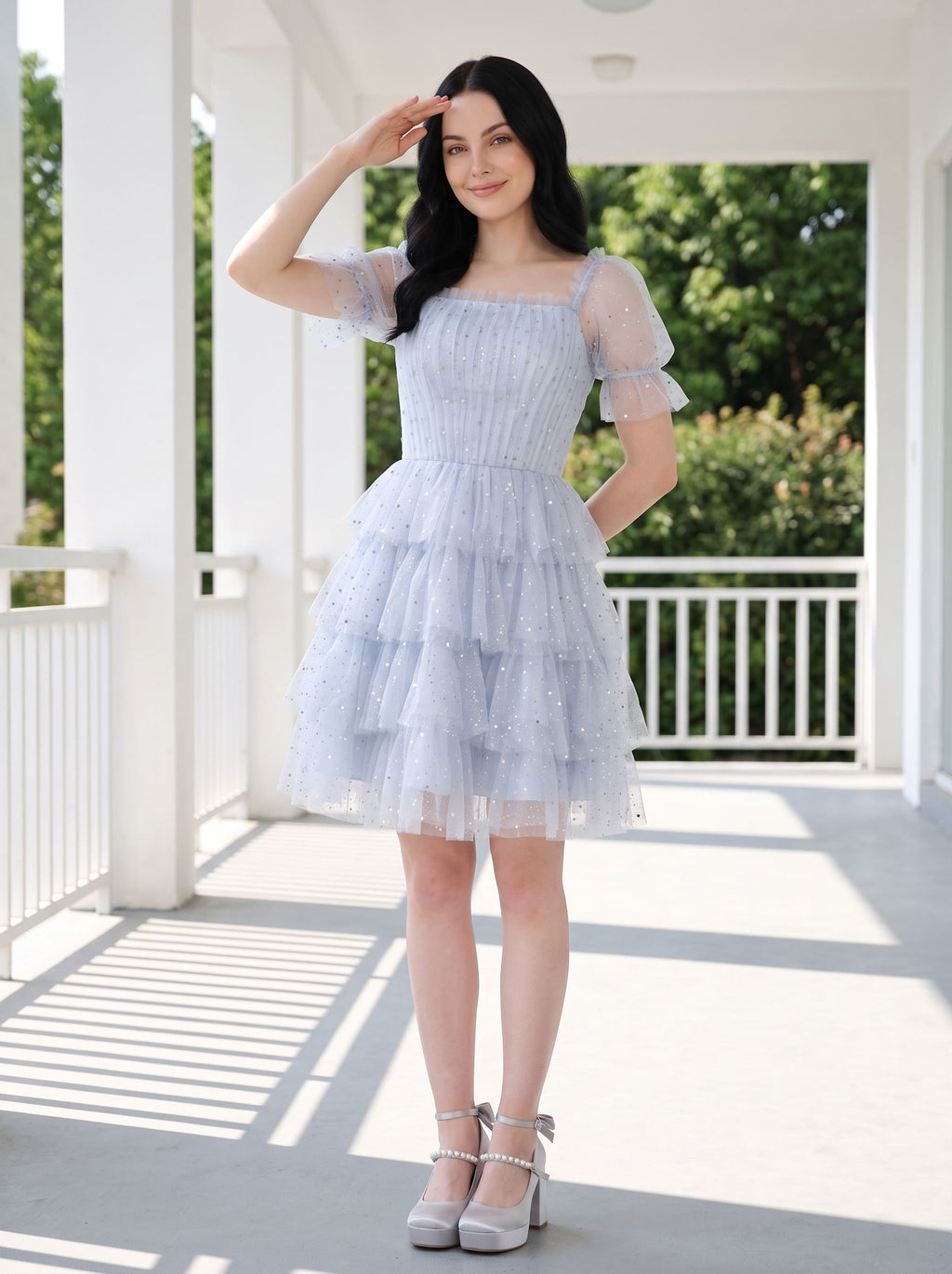 Mist Tulle A-Line Square Neck Back Zip Short Dress with Tiered Tulle Layers - Curvevia
