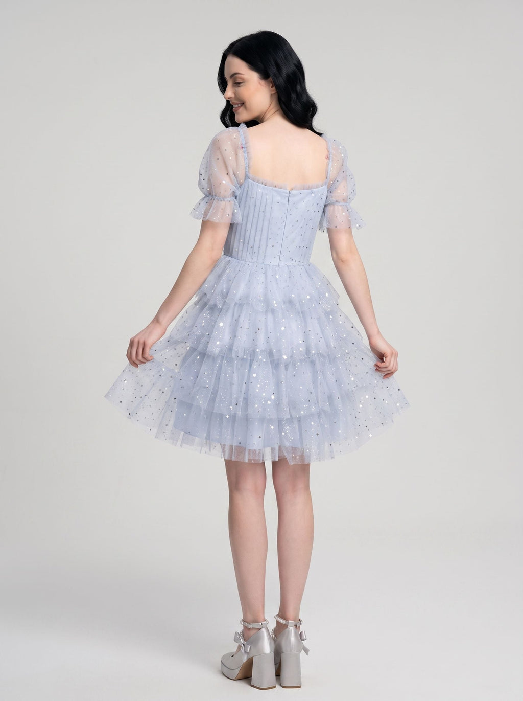 Mist Tulle A-Line Square Neck Back Zip Short Dress with Tiered Tulle Layers - Curvevia