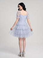 Mist Tulle A-Line Square Neck Back Zip Short Dress with Tiered Tulle Layers - Curvevia