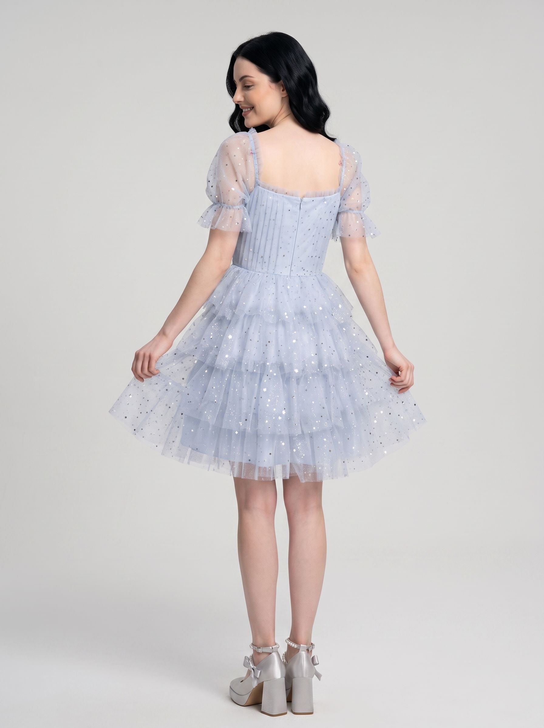 Mist Tulle A-Line Square Neck Back Zip Short Dress with Tiered Tulle Layers - Curvevia