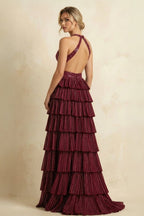 Royal Blue A-Line Halter Satin Beaded Long Wedding Guest Dress With Ruffles - Curvevia