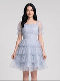 Mist Tulle A-Line Square Neck Back Zip Short Dress with Tiered Tulle Layers - Curvevia