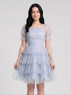 Mist Tulle A-Line Square Neck Back Zip Short Dress with Tiered Tulle Layers - Curvevia