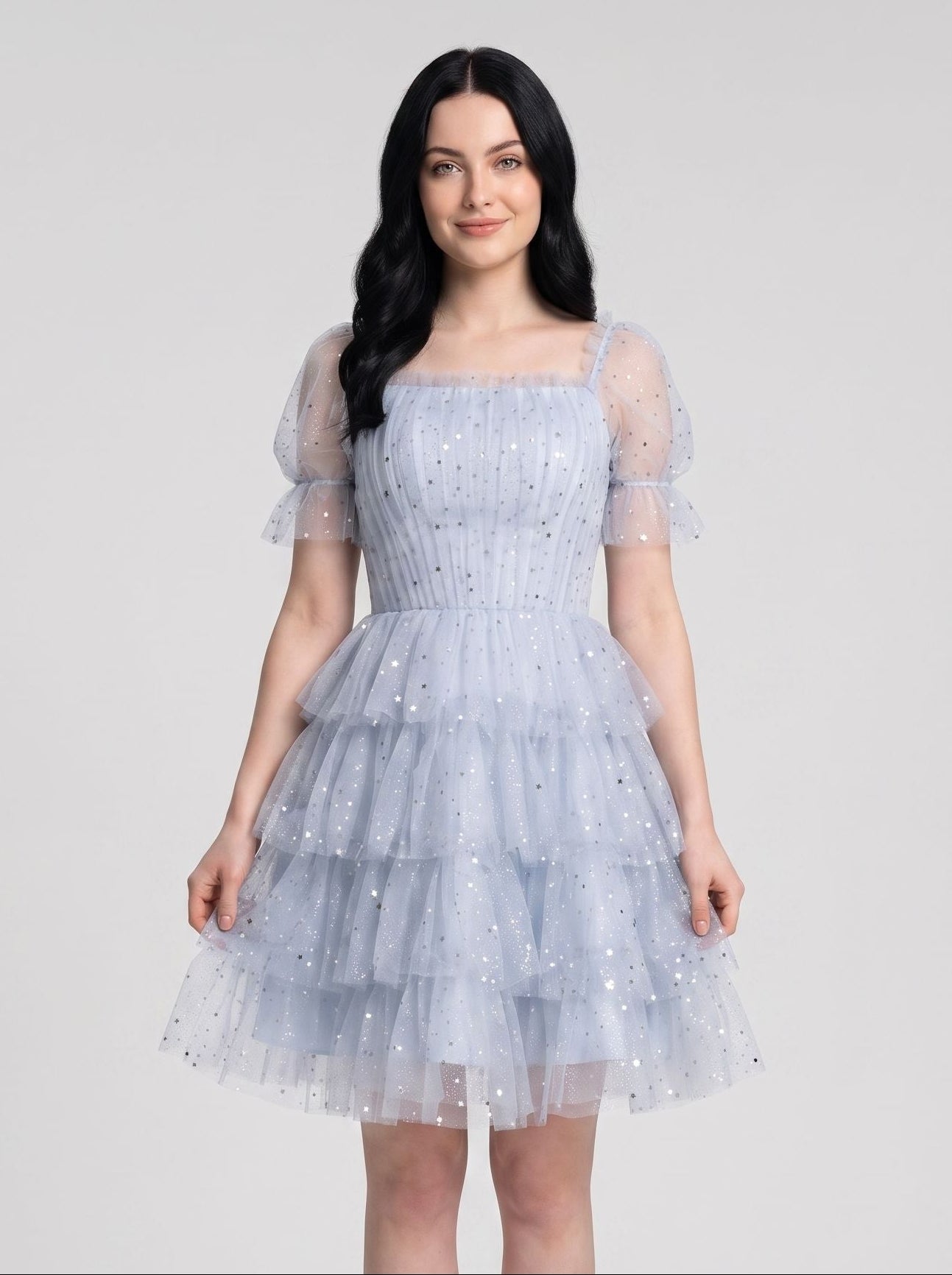 Mist Tulle A-Line Square Neck Back Zip Short Dress with Tiered Tulle Layers - Curvevia