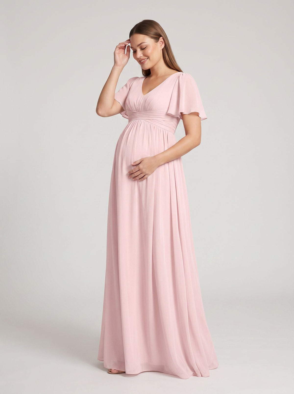 Blushing Pink Chiffon A-Line V-Neck Back Zip Ankle-Length Maternity Bridesmaid Dress - Curvevia