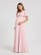 Blushing Pink Chiffon A-Line V-Neck Back Zip Ankle-Length Maternity Bridesmaid Dress - Curvevia