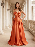 Orange Satin A-Line V-Neck Lace-up Floor-Length Dress with Pleated Bodice - Curvevia