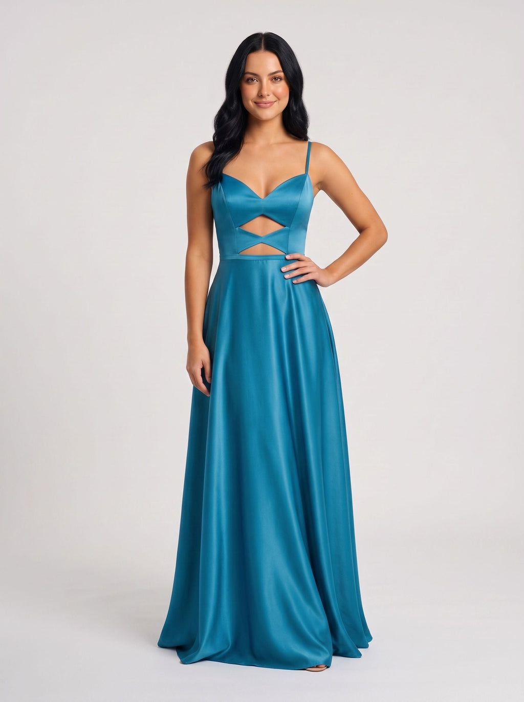 Peacock Blue Satin A-Line V-Neck Back Zip Floor-Length Dress with Spaghetti Straps - Curvevia