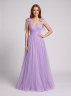 Lavender Tulle A-Line Sweetheart Backless Floor-Length Dress with Bow Shoulder Ties - Curvevia