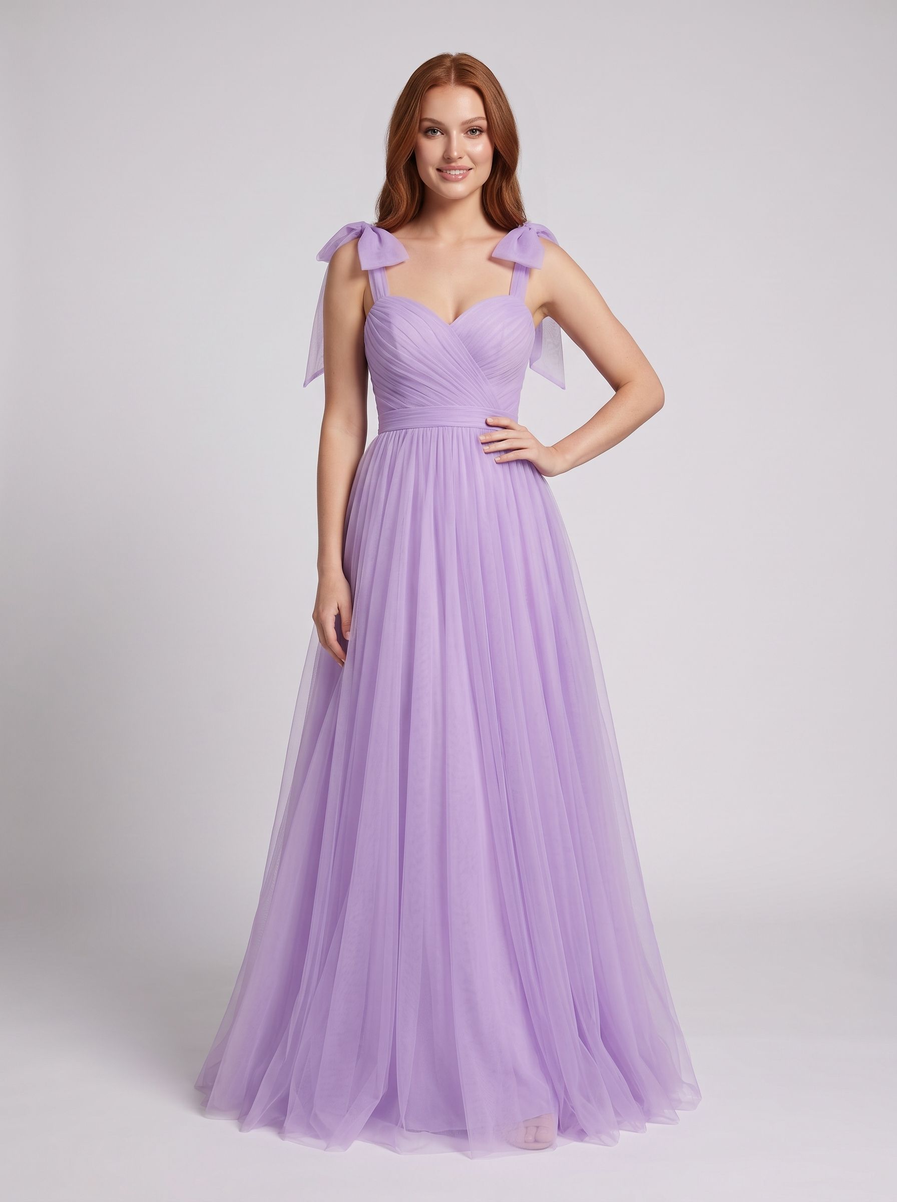Lavender Tulle A-Line Sweetheart Backless Floor-Length Dress with Bow Shoulder Ties - Curvevia