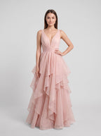 Blushing Pink Tulle A-Line V-Neck Back Zip Floor-Length Dress with Tiered Tulle - Curvevia