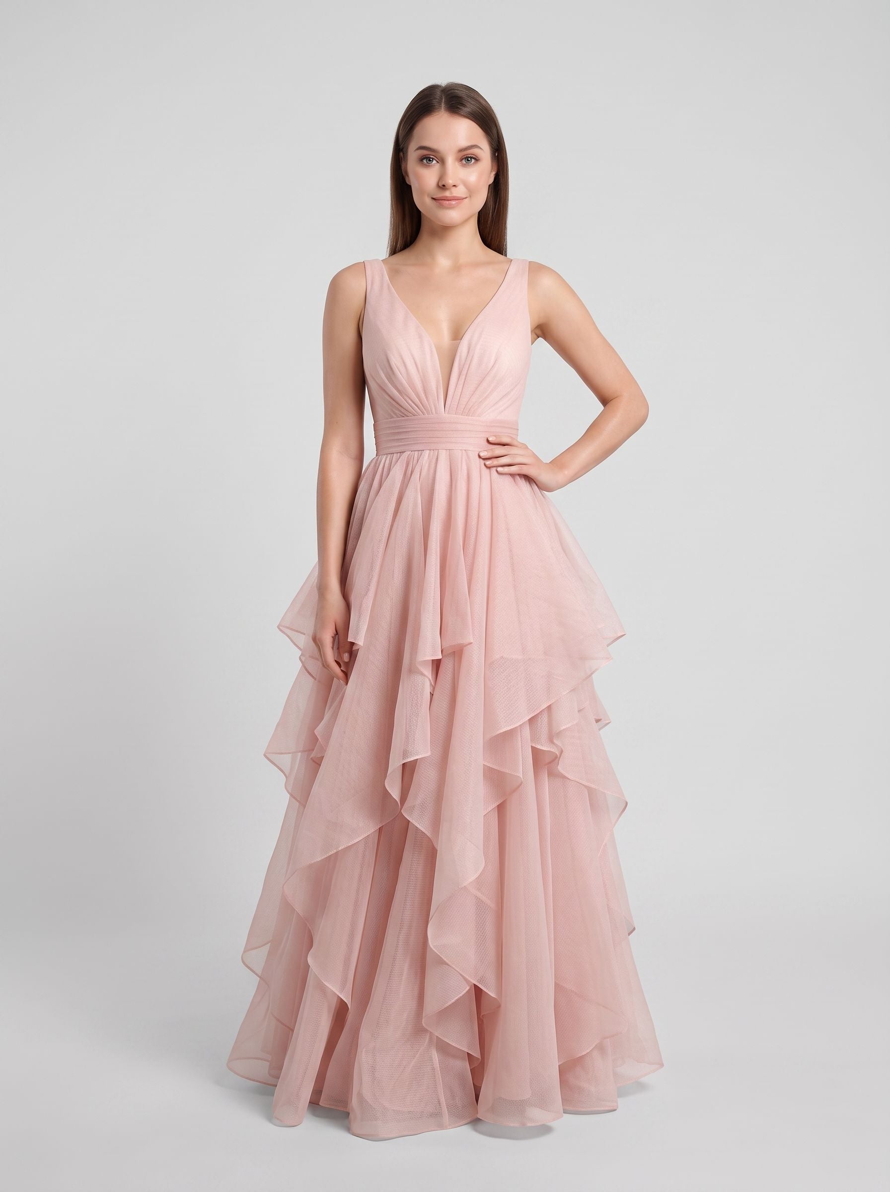 Blushing Pink Tulle A-Line V-Neck Back Zip Floor-Length Dress with Tiered Tulle - Curvevia