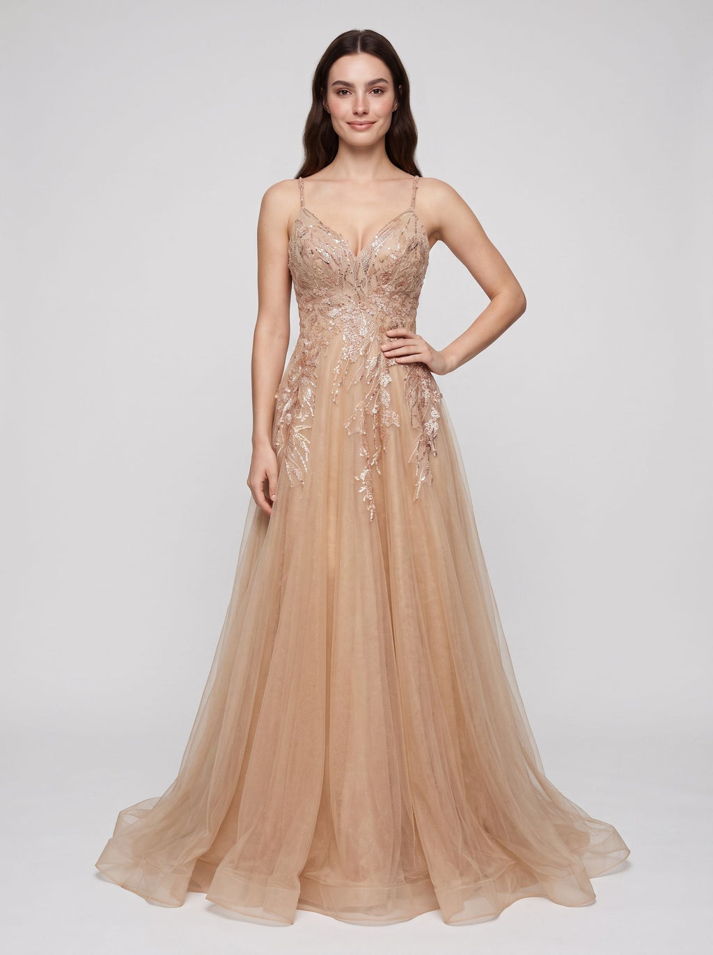 Champagne Tulle A-Line V-Neck Lace-up Floor-Length Dress with Beaded Corset - Curvevia