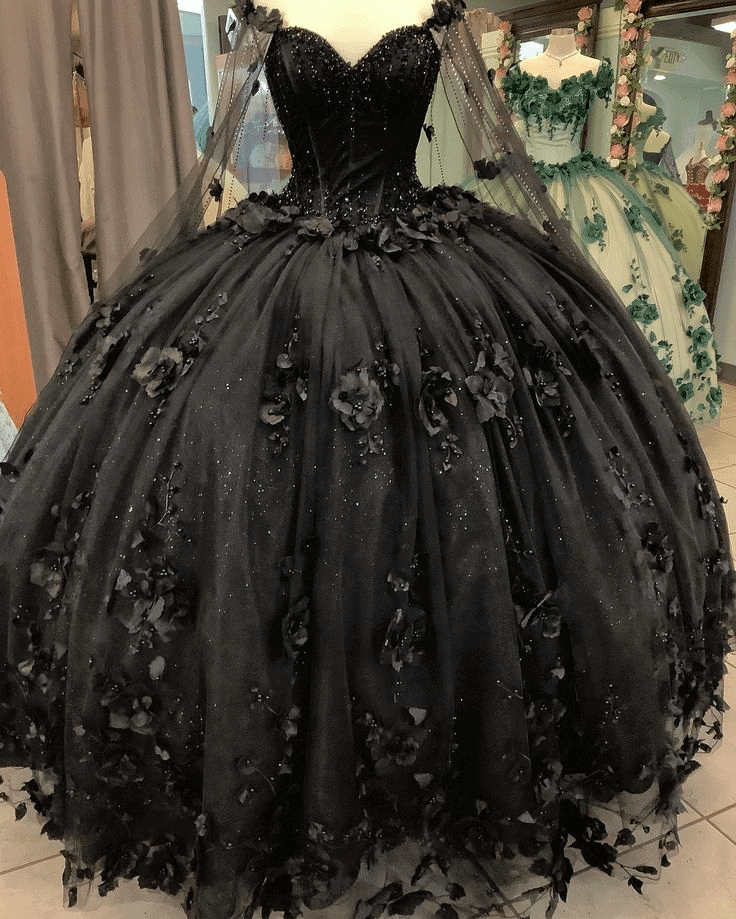 Black Ball Gown Quinceanera Dresses with Flowers - Curvevia
