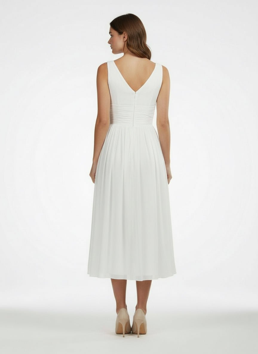 V-Neck Sleeveless Tea-Length Chiffon Wedding Dress With Ruching And Low-V Back - Curvevia