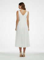 V-Neck Sleeveless Tea-Length Chiffon Wedding Dress With Ruching And Low-V Back - Curvevia