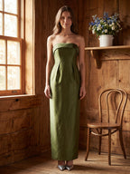 Olive Green Satin Sheath Off-the-Shoulder Backless Floor-Length Bridesmaid Dress - Curvevia