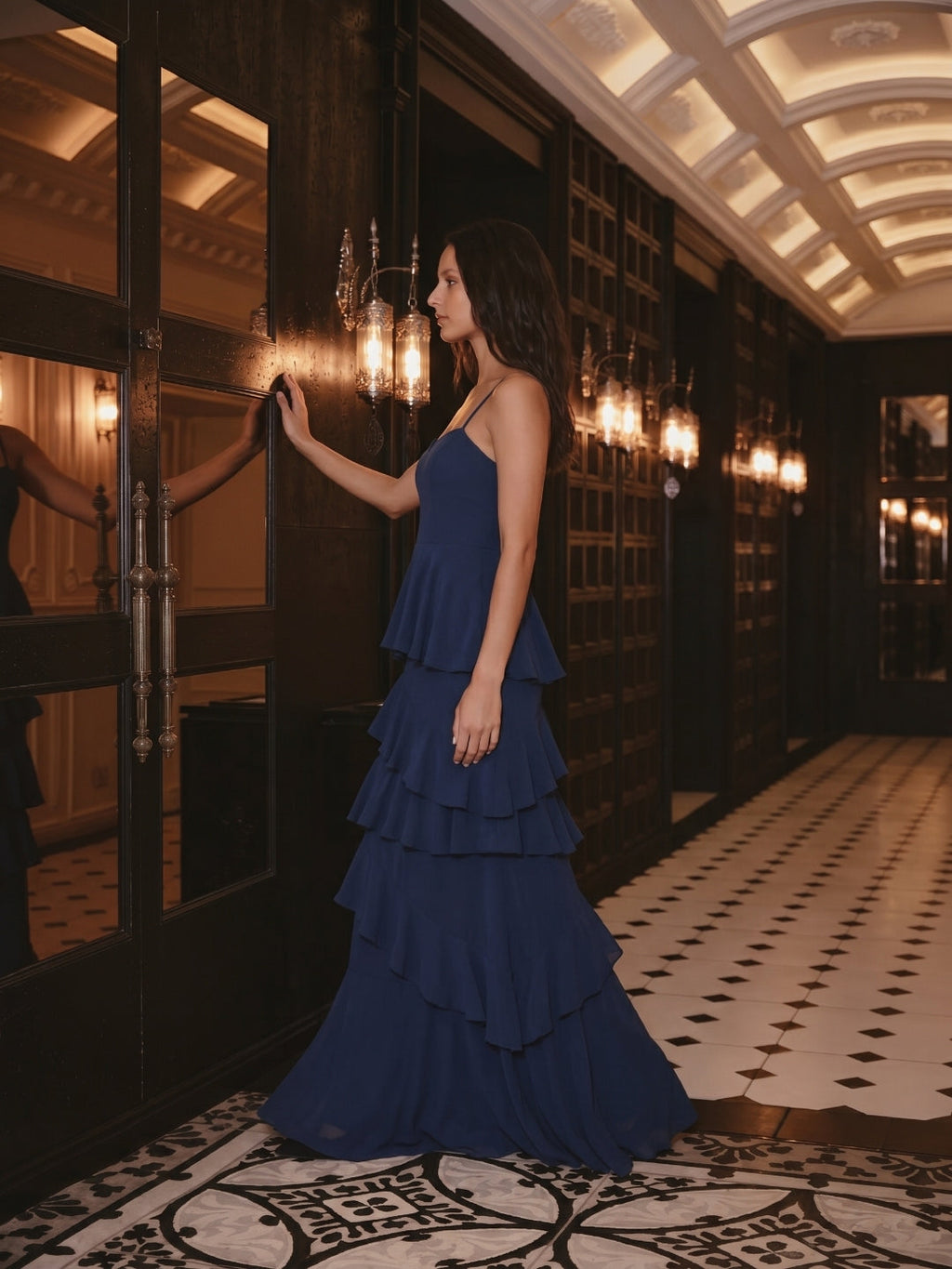 Navy Blue Chiffon A-Line Sweetheart Back Zip Floor-Length Bridesmaid Dress with Cascading Ruffles - Curvevia