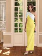 Lemon Stretch Knit Column One Shoulder Backless Floor-Length Bridesmaid Dress with Bow - Curvevia
