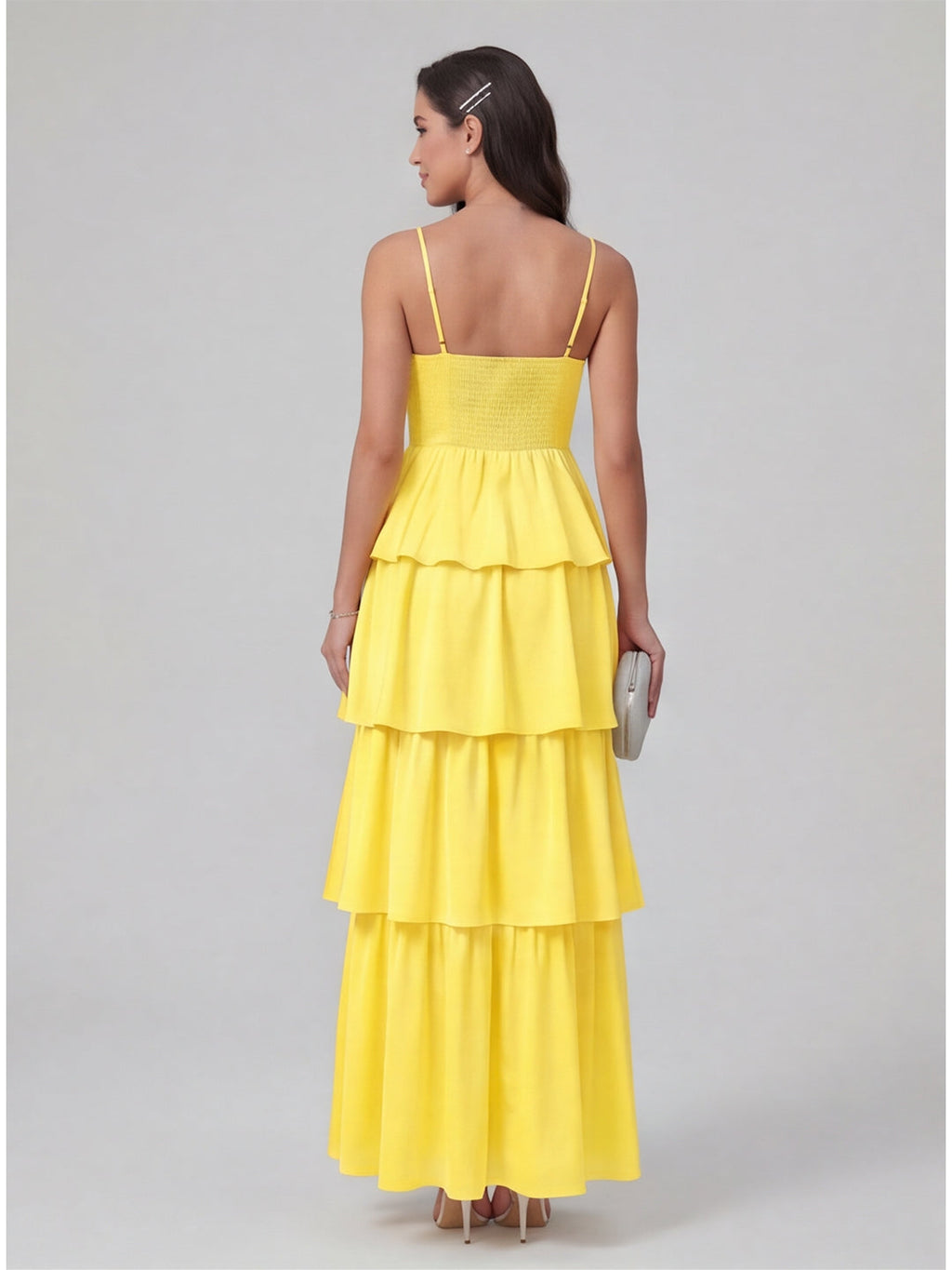 Coquette Lemon Chiffon A-Line Square Neck Backless with Cascading Ruffles Ankle-Length Bridesmaid Dress - Curvevia