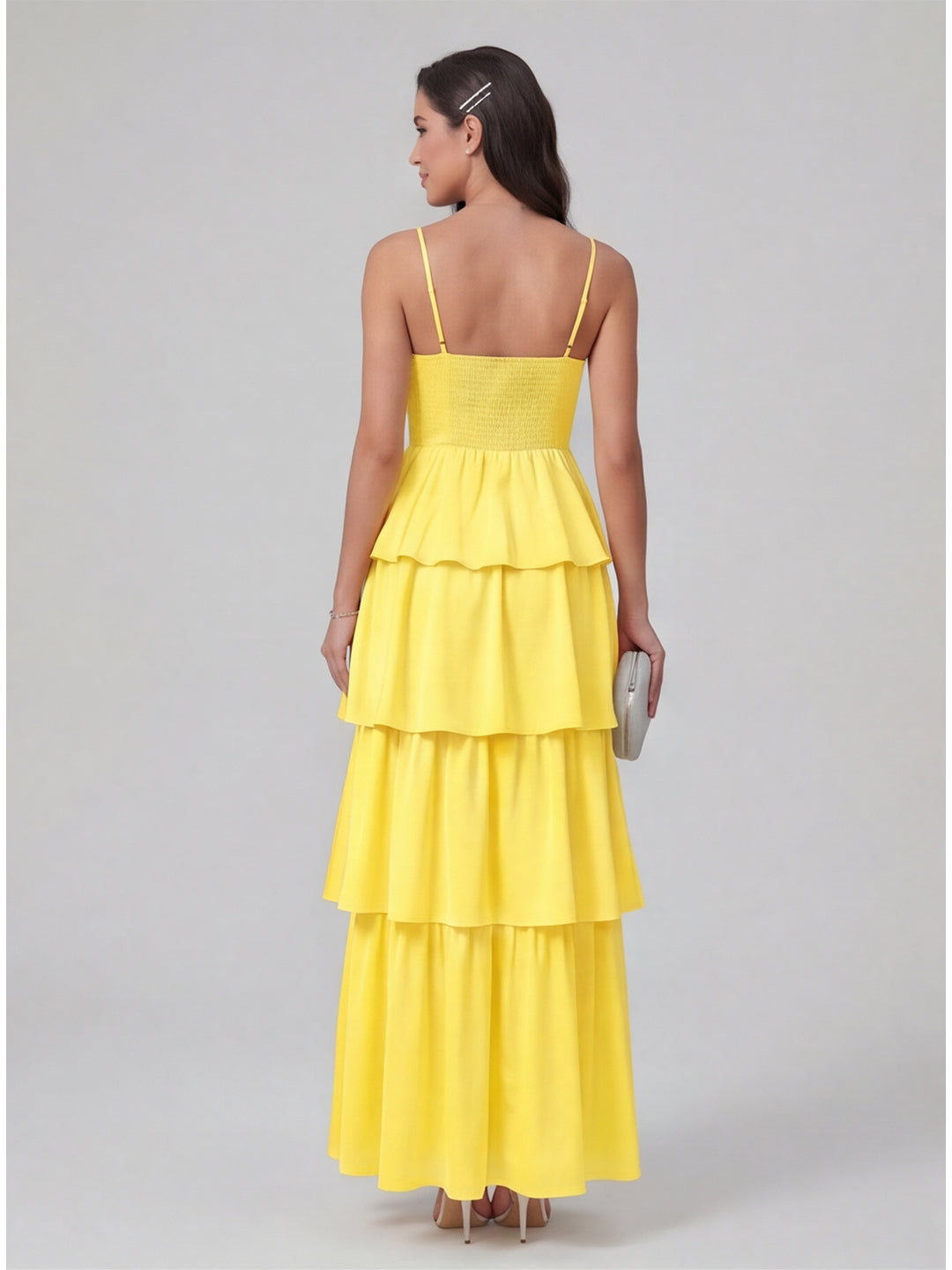 Coquette Lemon Chiffon A-Line Square Neck Backless with Cascading Ruffles Ankle-Length Bridesmaid Dress - Curvevia