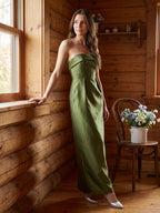 Olive Green Satin Sheath Off-the-Shoulder Backless Floor-Length Bridesmaid Dress - Curvevia