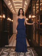 Navy Blue Chiffon A-Line Sweetheart Back Zip Floor-Length Bridesmaid Dress with Cascading Ruffles - Curvevia