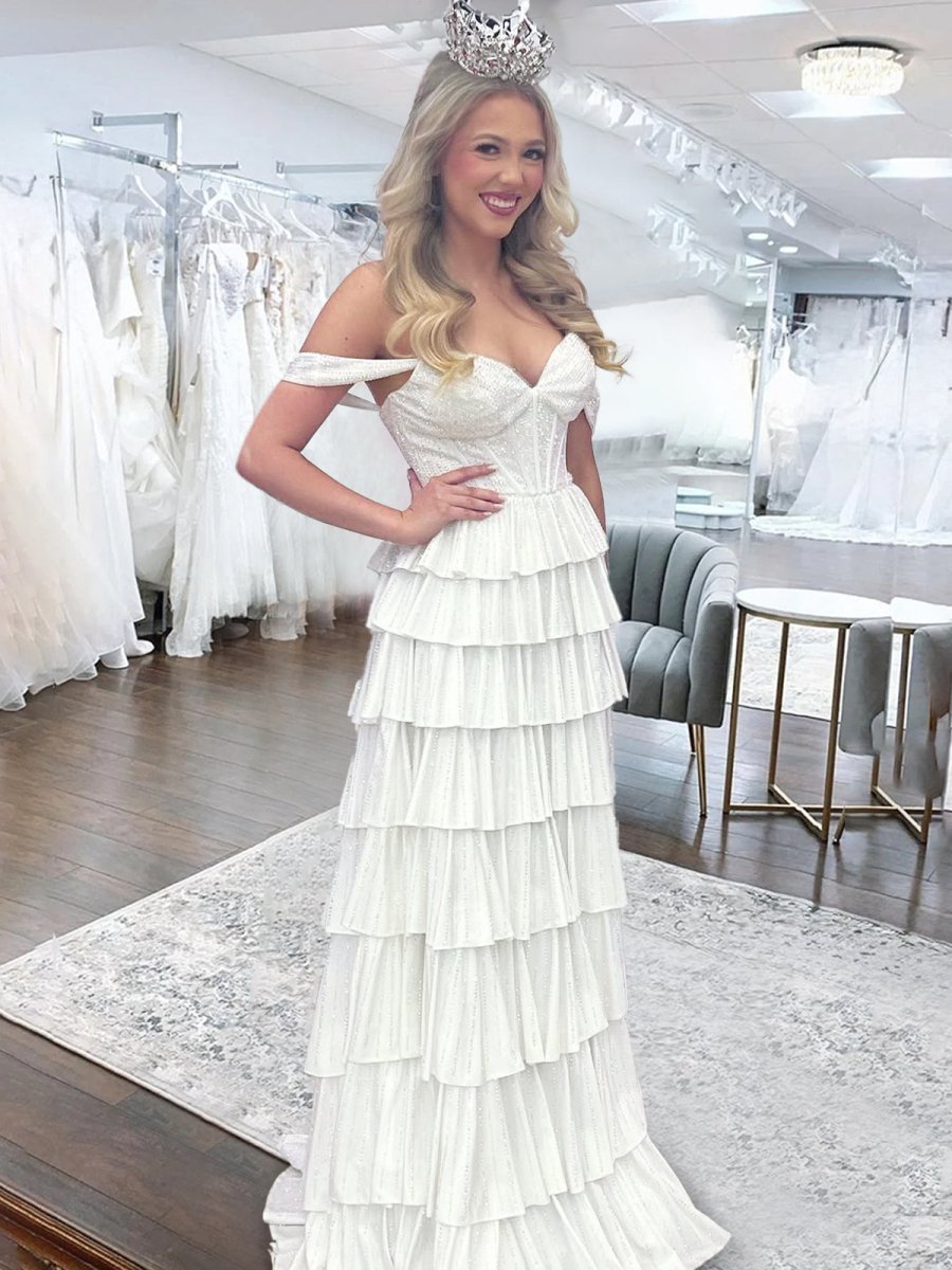 A Line Off-the-Shoulder Satin Tiered Long Evening Dress With Beads - Curvevia