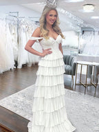 A Line Off-the-Shoulder Satin Tiered Long Evening Dress With Beads - Curvevia