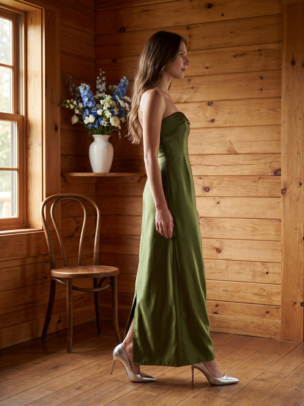 Olive Green Satin Sheath Off-the-Shoulder Backless Floor-Length Bridesmaid Dress - Curvevia