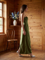 Olive Green Satin Sheath Off-the-Shoulder Backless Floor-Length Bridesmaid Dress - Curvevia