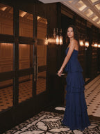 Navy Blue Chiffon A-Line Sweetheart Back Zip Floor-Length Bridesmaid Dress with Cascading Ruffles - Curvevia