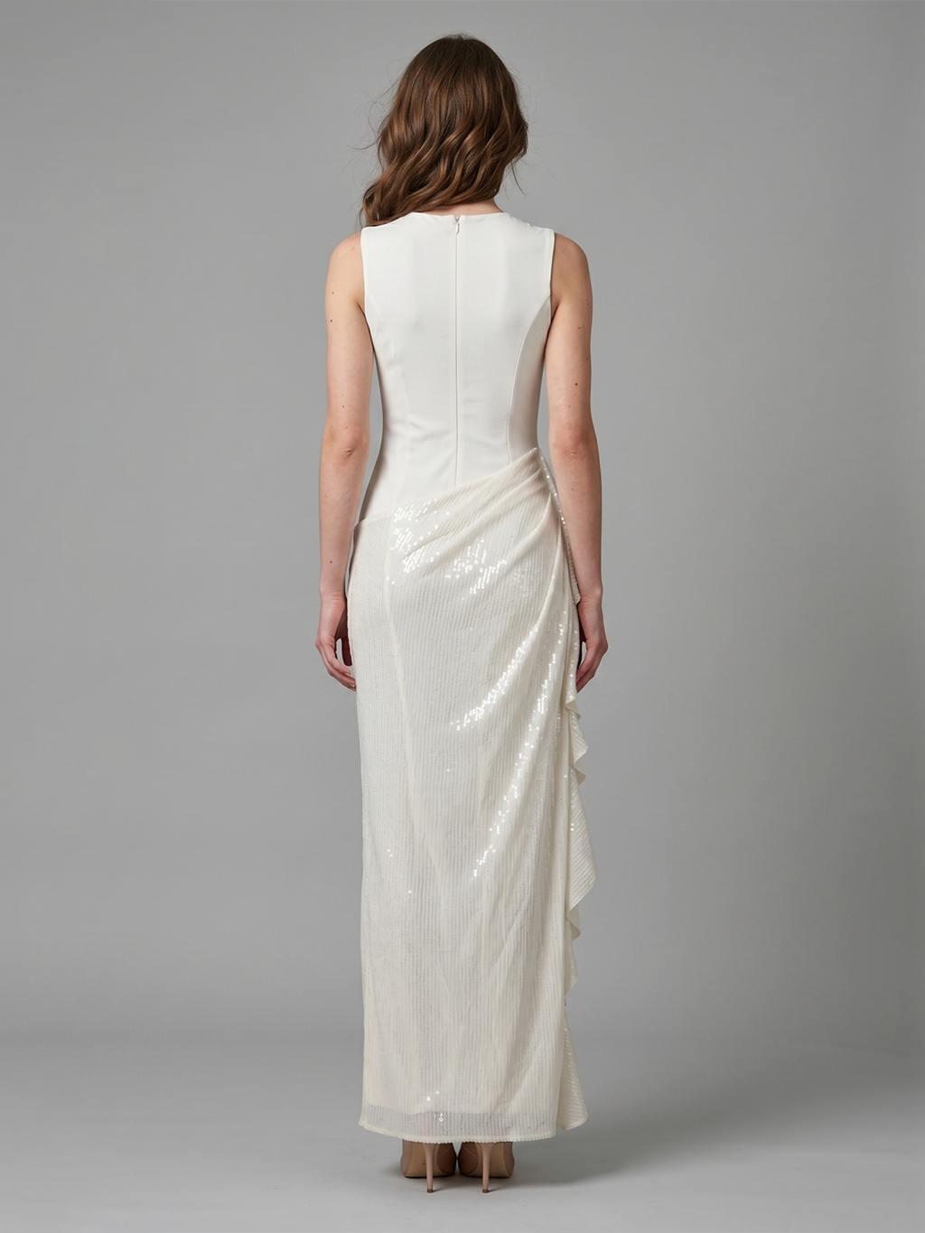 Ivory Stretch Knit Sheath Scoop Neck Back Zip Floor-Length Pleated Bridesmaid Dress - Curvevia