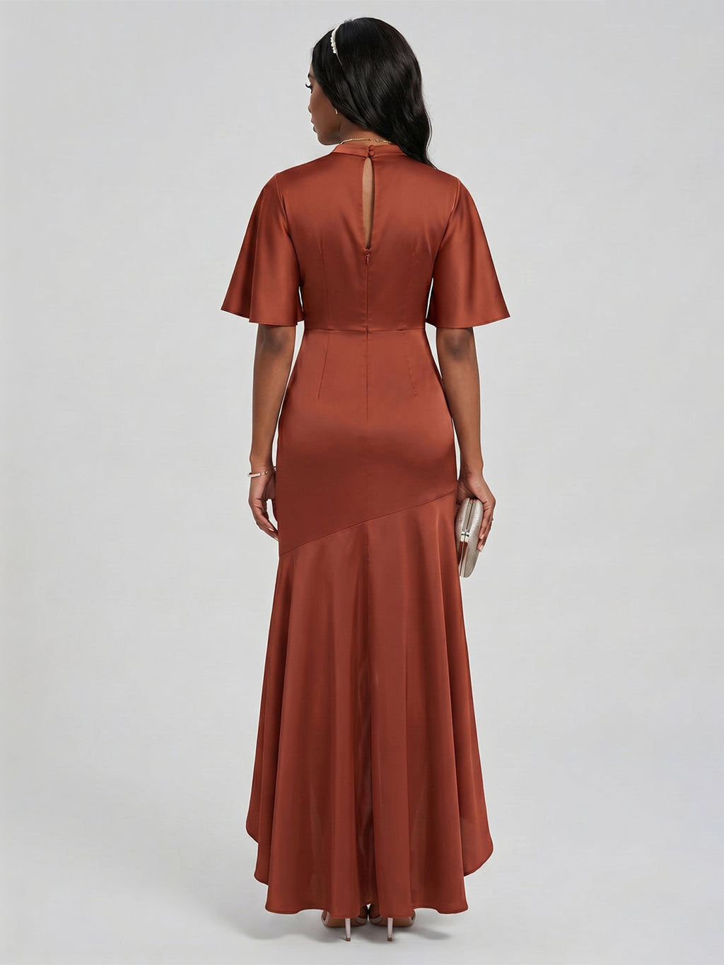 Elegant Rust Matte Satin mermaid Scoop Neck Back Zip Asymmetrical Bridesmaid Dress - Curvevia