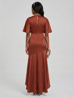 Elegant Rust Matte Satin mermaid Scoop Neck Back Zip Asymmetrical Bridesmaid Dress - Curvevia
