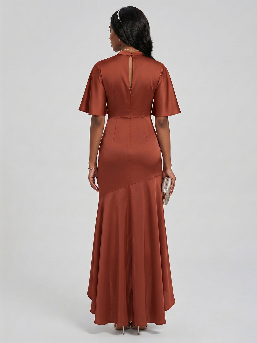 Elegant Rust Matte Satin mermaid Scoop Neck Back Zip Asymmetrical Bridesmaid Dress - Curvevia