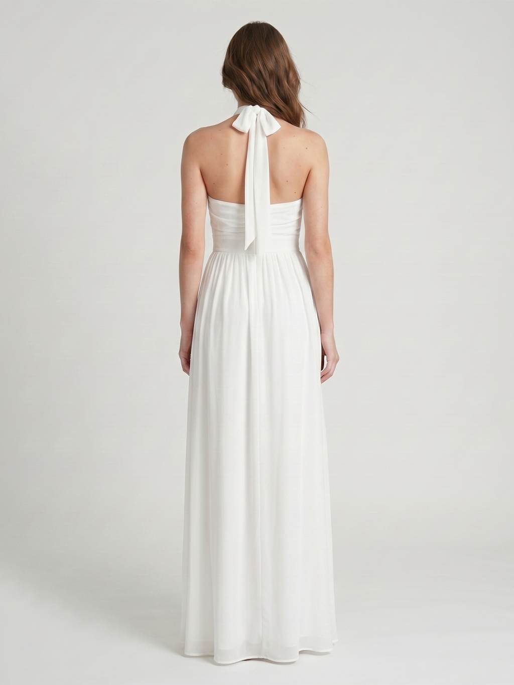 Ivory Chiffon A-Line Halter Bow Back Floor-Length Ruffle Bridesmaid Dress - Curvevia