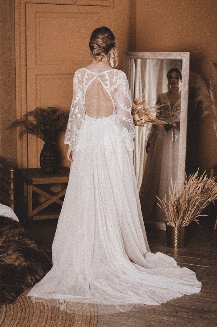 A-Line Lace Top Flare Sleeves Open Back Wedding Dress - Curvevia