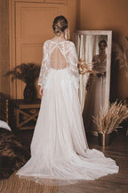 A-Line Lace Top Flare Sleeves Open Back Wedding Dress - Curvevia