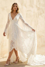Simple Casual Long Sleeves Boho Lace Wedding Dress With Sweep Train - Curvevia