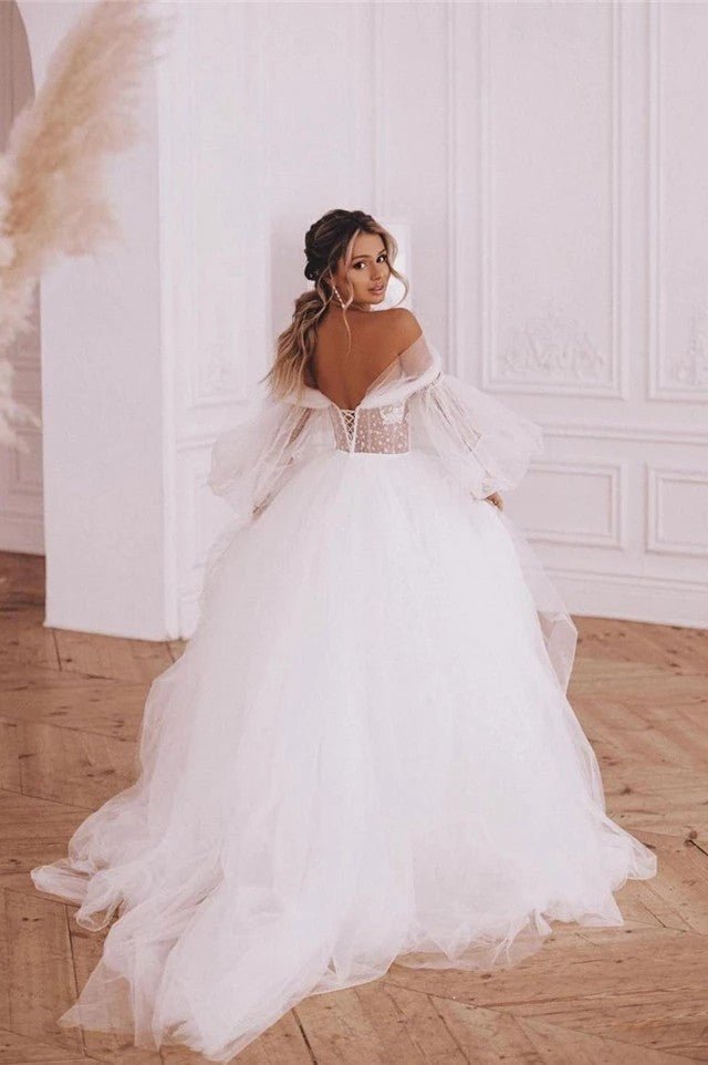 Boho A-Line Wedding Dresses Detachable Long Puff Sleeve - Curvevia