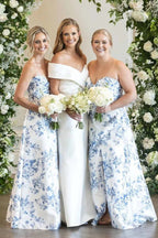 A-line Strapless Printed Floral Satin Long Wedding Guest Dress - Curvevia