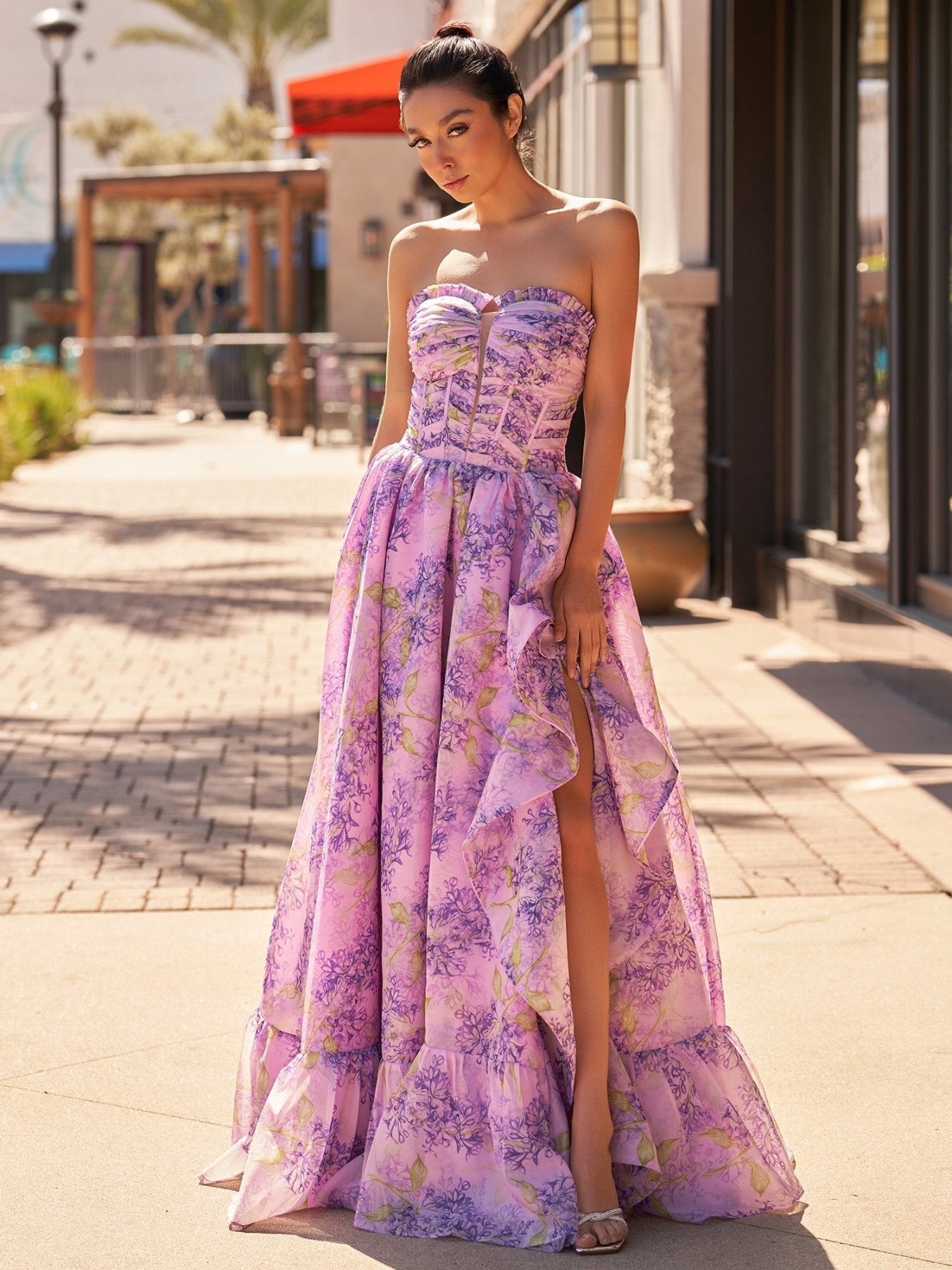 Lilac A-Line Corset Detachable Strapless Floral Long Wedding Guest Dress - Curvevia