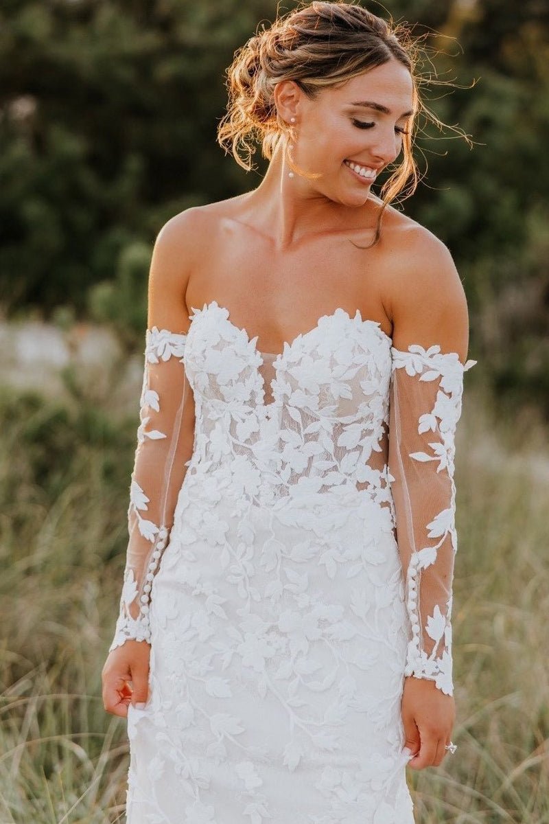 Mermaid Sweetheart Tulle Appliques Wedding Dresses with Sleeves - Curvevia