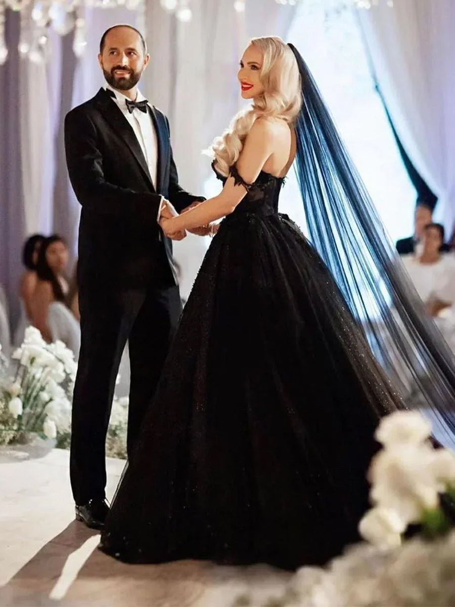 A-Line Black Gothic Wedding Dresses with Sequin Lace Appliques - Curvevia