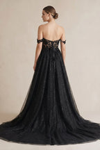 A-Line Black Gothic Wedding Dresses with Sequin Lace Appliques - Curvevia